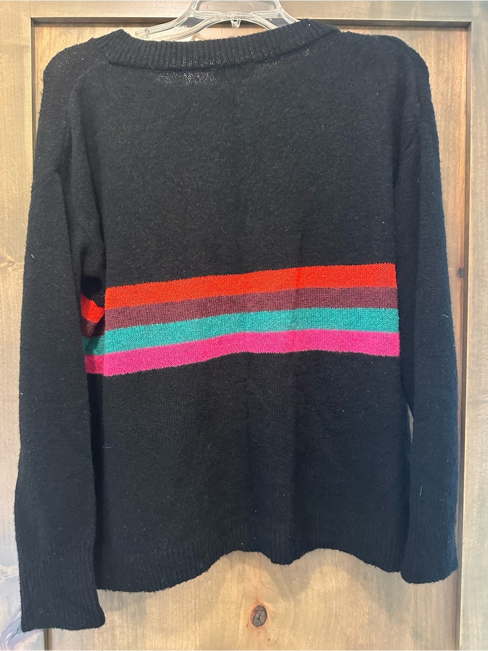 Allison Joy Black V-Neck Sweater with Colorful Stripes - Picture 4 of 6